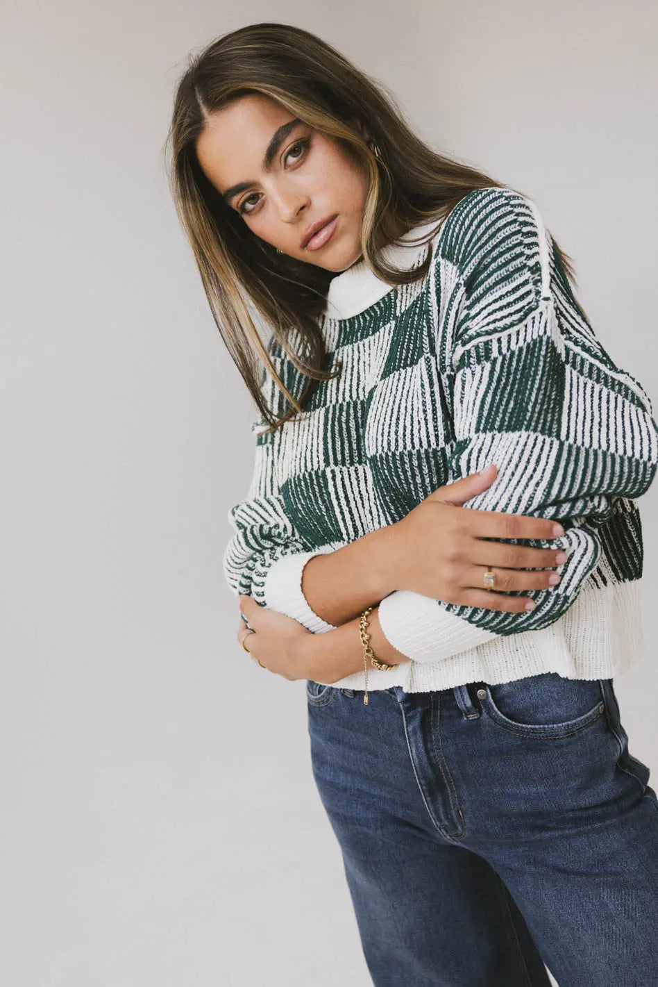 Cielo Checkered Sweater in Green FINAL SALE