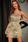 Glitter Golden Sheath Column Sequins Short Party Dress with Fringes