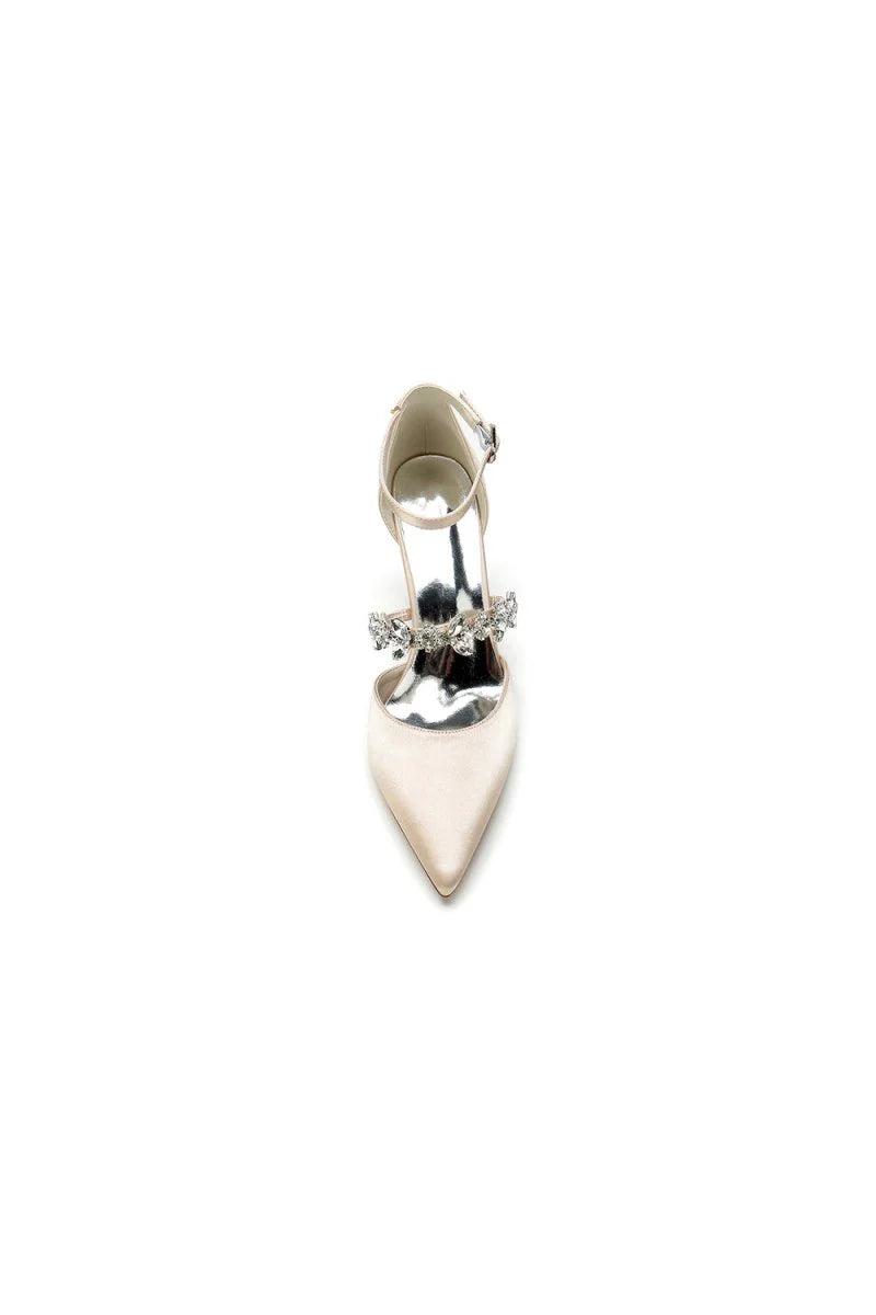 Satin Pointed Toe Rhinestone Strappy Chunky Heels