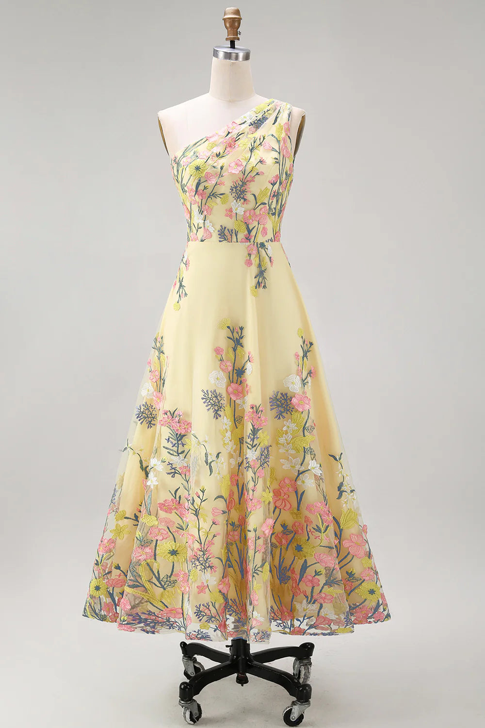 A Line Yellow One Shoulder Floral Wedding Guest Dress