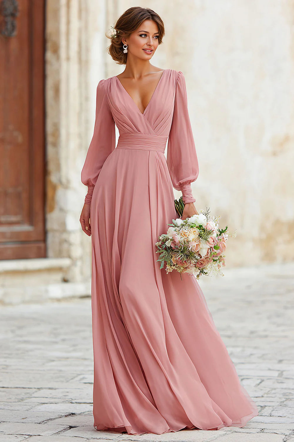 Elegant A Line V Neck Dusty Rose Bridesmaid Dress with Long Sleeves