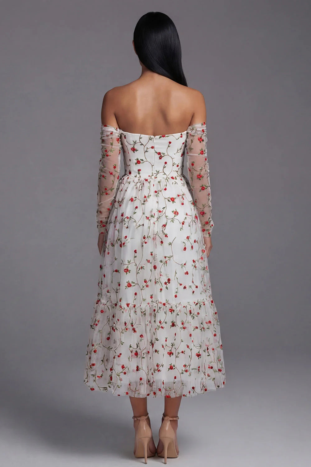 Off the Shoulder Ivory Floral A Line Wedding Guest Dress