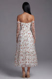 Off the Shoulder Ivory Floral A Line Wedding Guest Dress