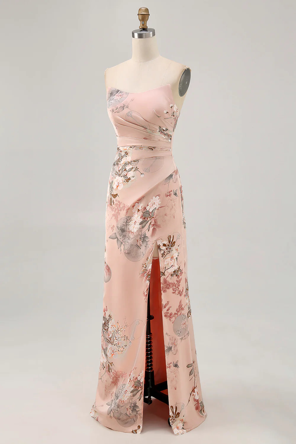 Blush Sheath Strapless Satin Print Long Flower Bridesmaid Dress with Slit