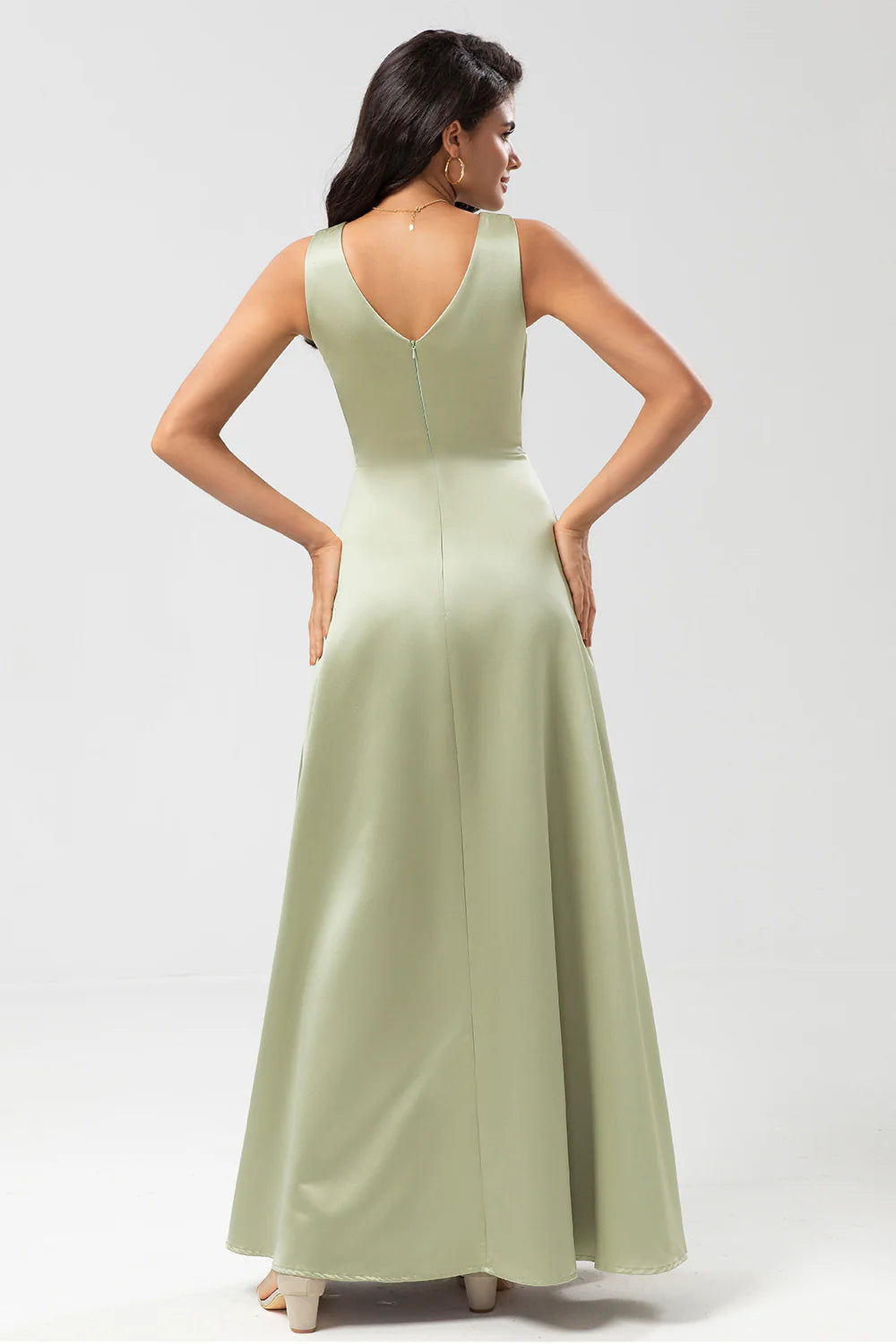 Dusty Sage A Line Floor Length Satin Bridesmaid Dress