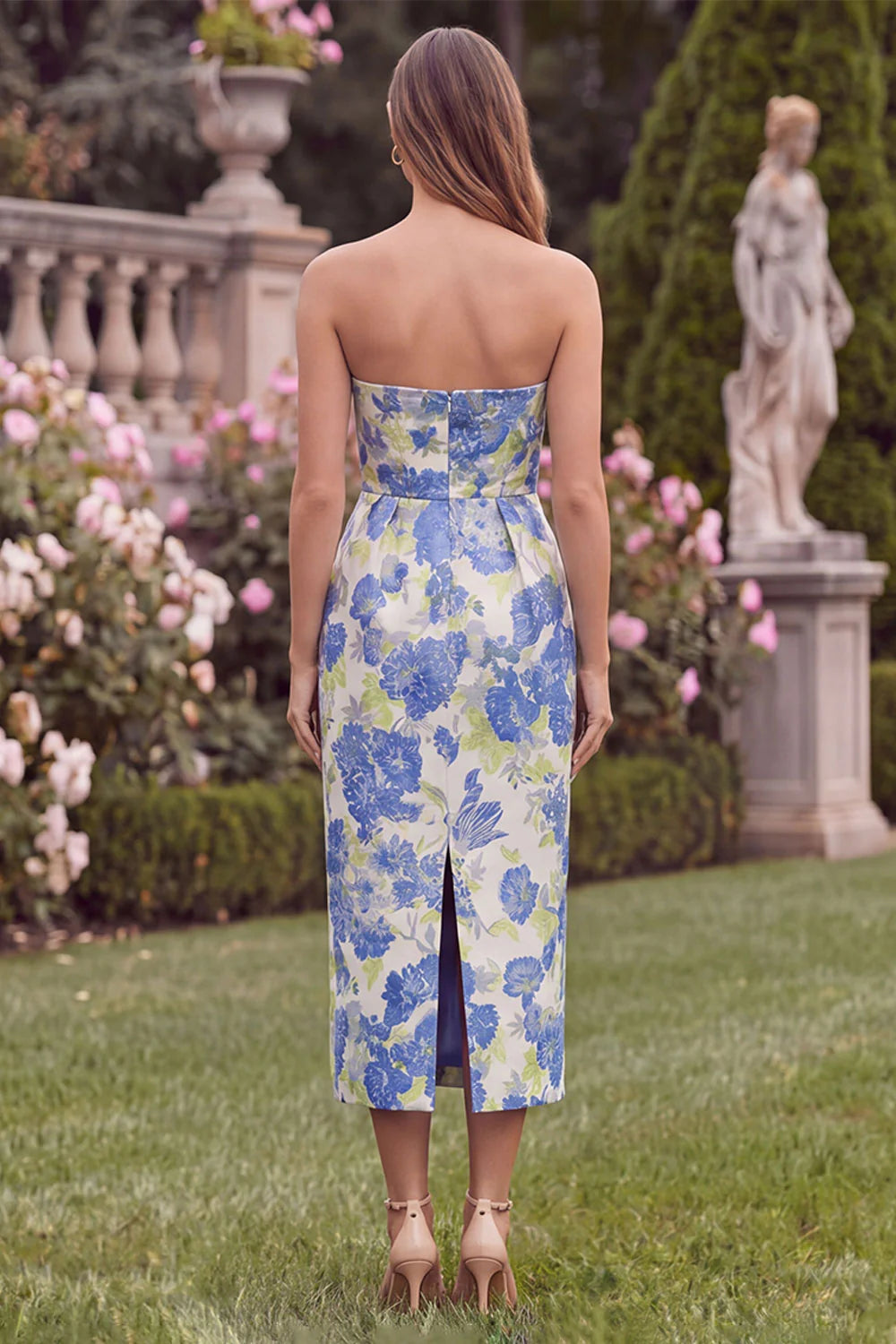 Blue Floral Pencil Strapless Midi Wedding Guest Dress