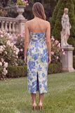 Blue Floral Pencil Strapless Midi Wedding Guest Dress
