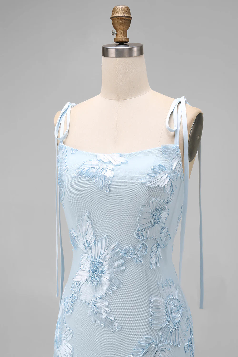 Light Blue Mermaid Spaghetti Straps Long Prom Dress with Appliques