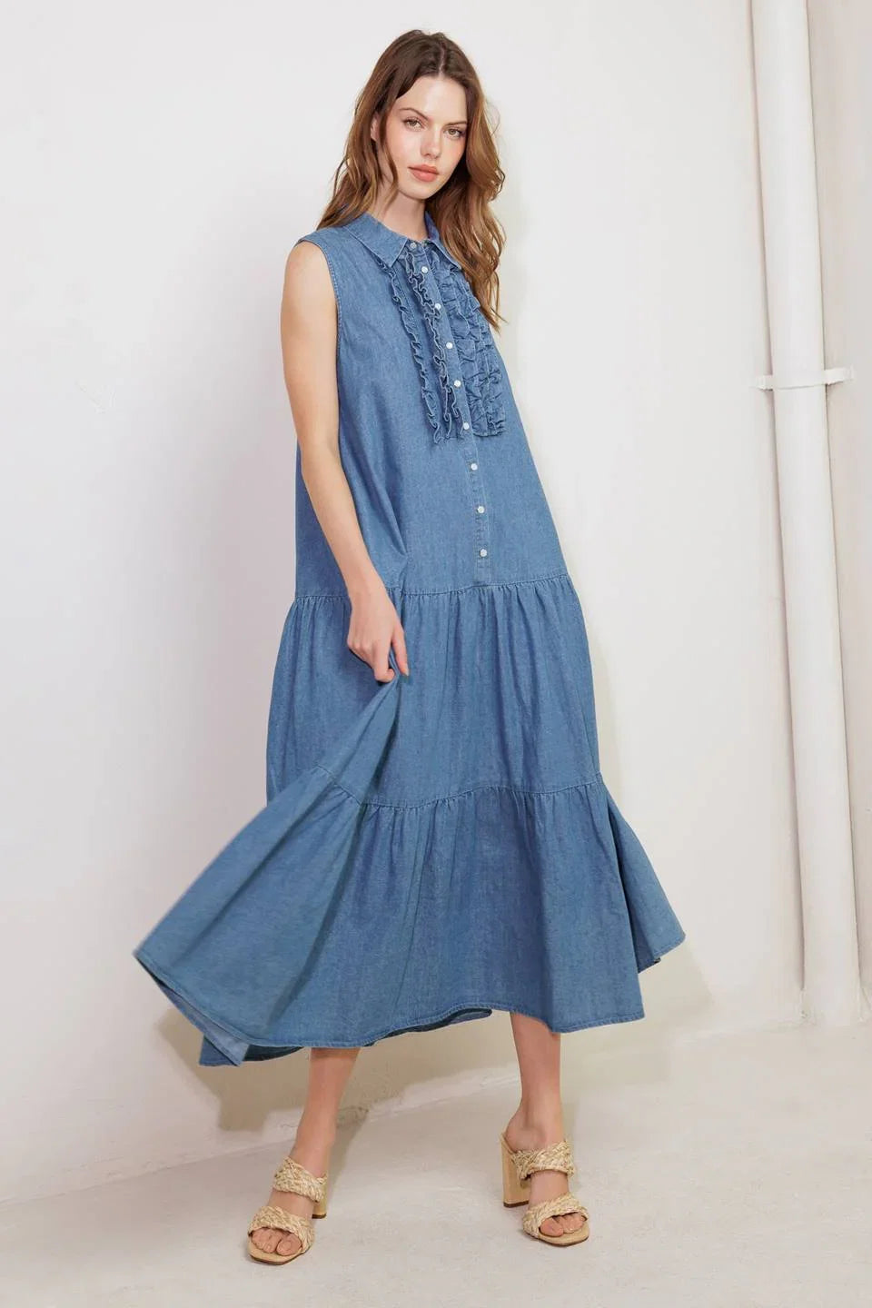 SUNDRENCHED RUFFLE DENIM MIDI DRESS