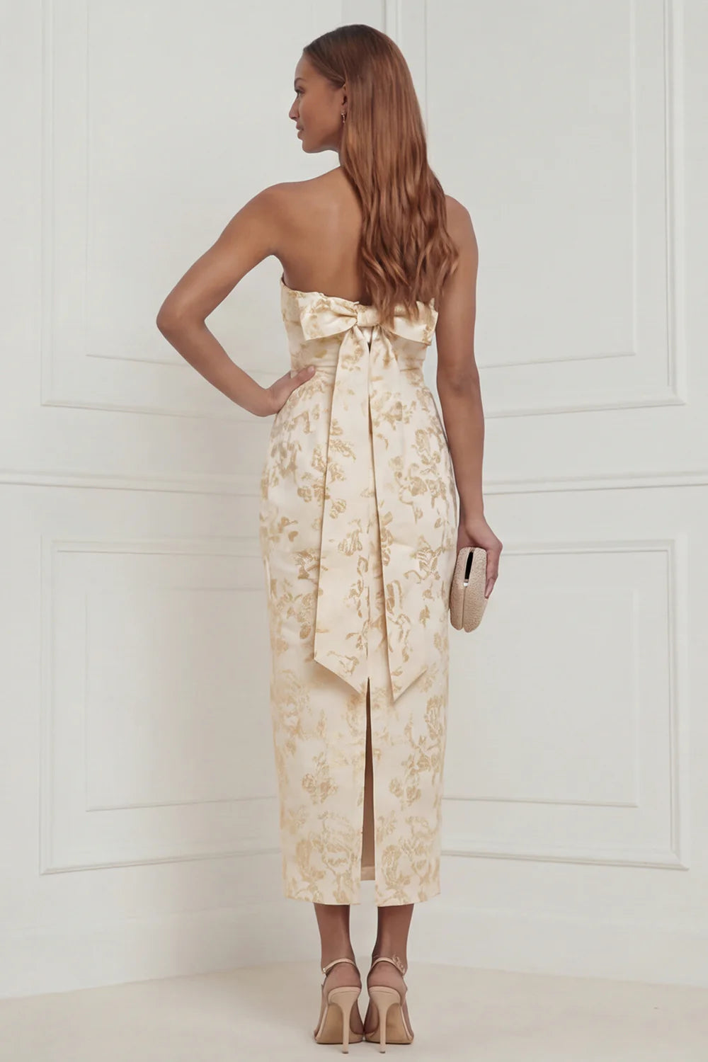 Sky Blue Sheath Strapless Jacquard Midi Wedding Guest Dress