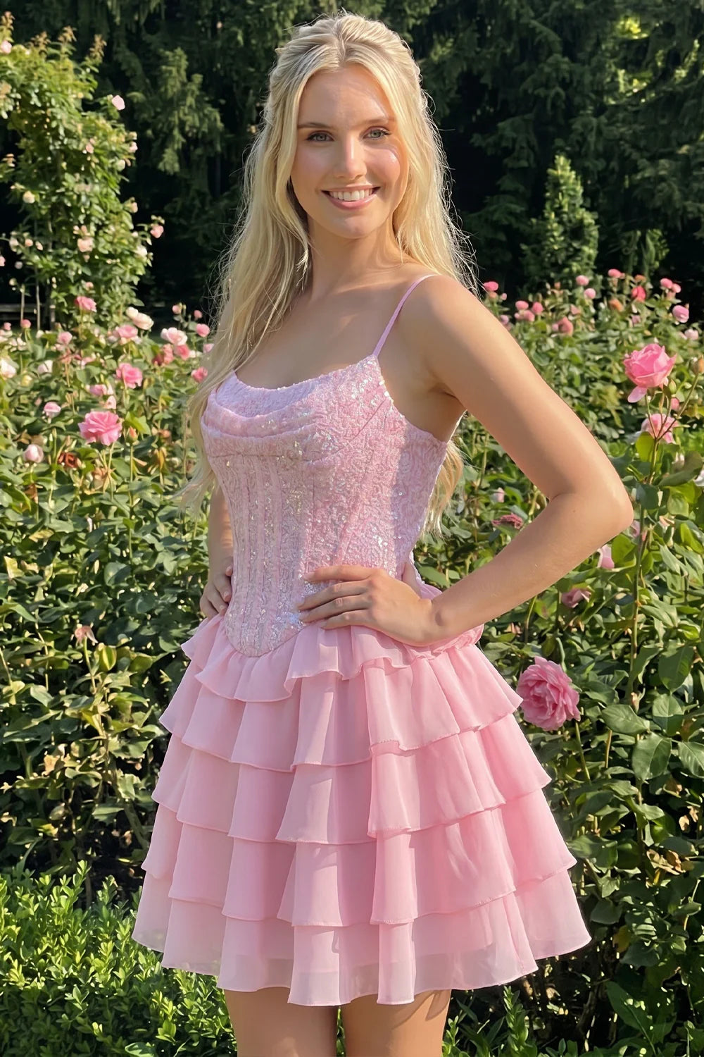 Champagne A Line Sequin Tiered Ruffle Short Homecoming Dress
