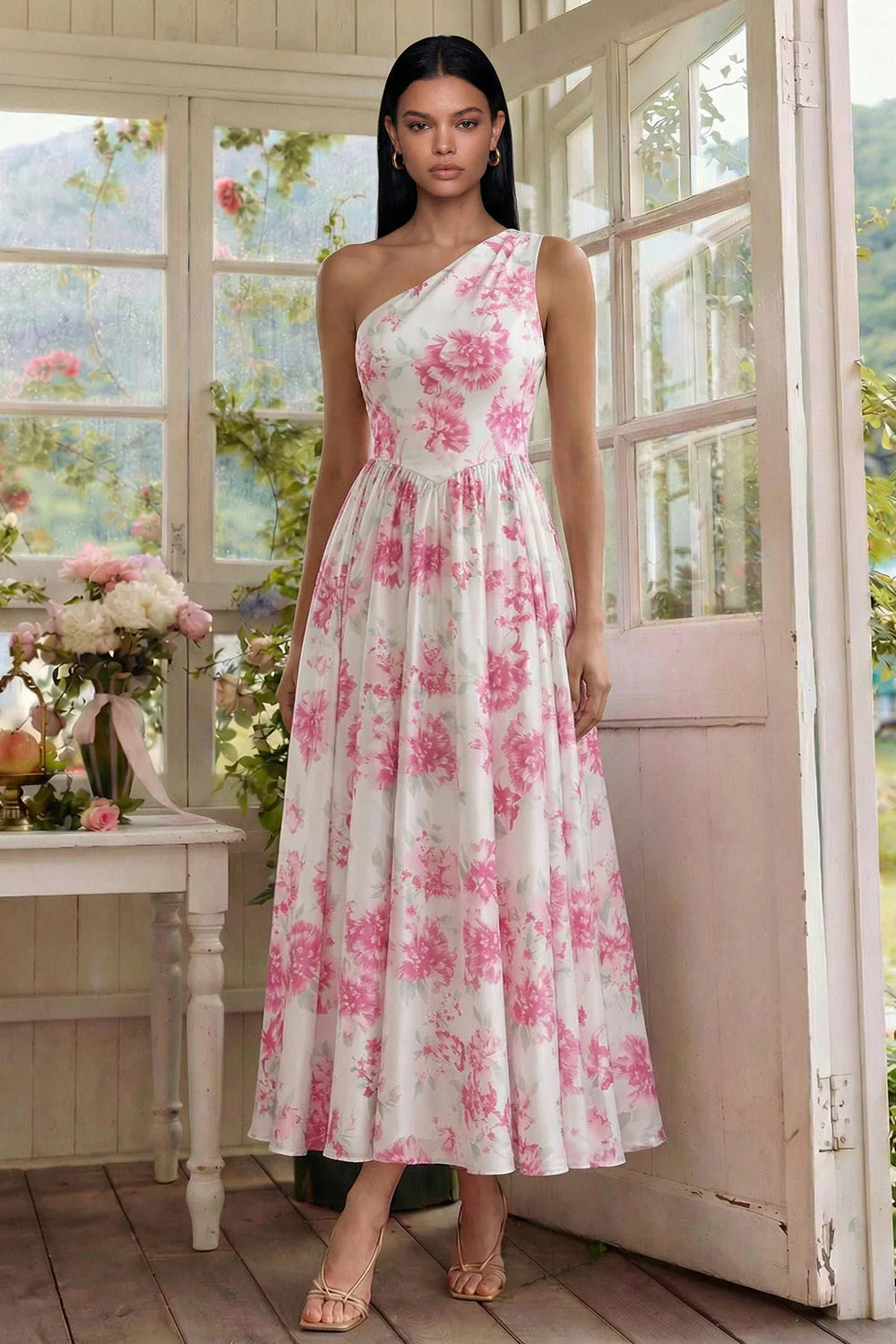 One Shoulder White A Line Floral Wedding Guest Dress