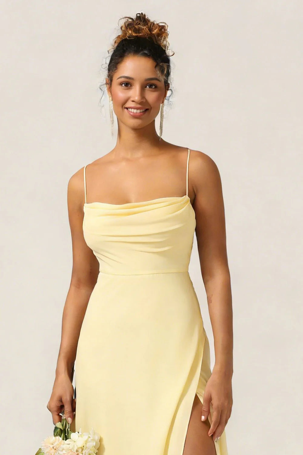 Blue Flower A Line Spaghetti Straps Chiffon Long Bridesmaid Dress with Slit