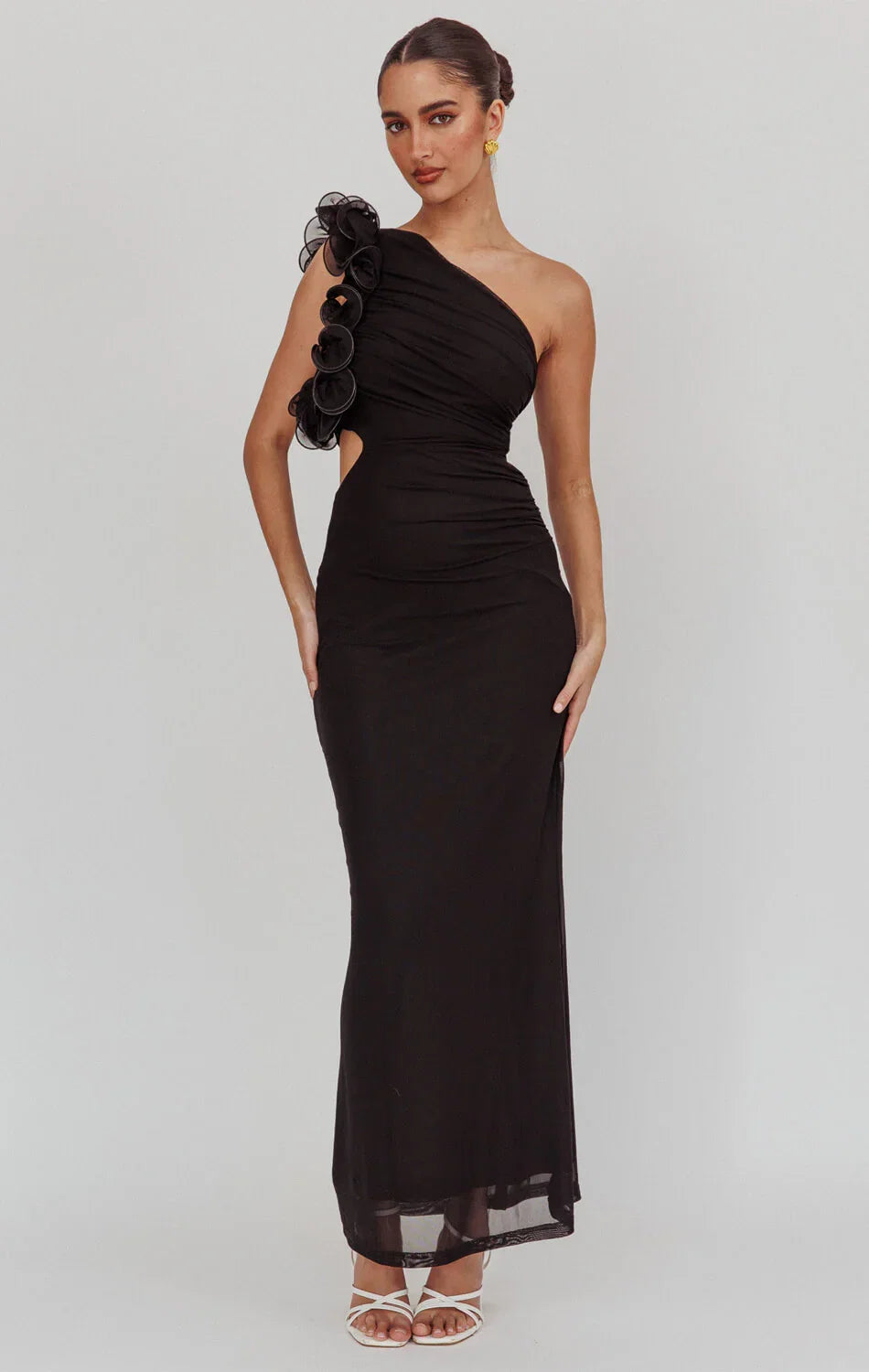 LIZBETH ONE SHOULDER MESH MAXI DRESS BLACK