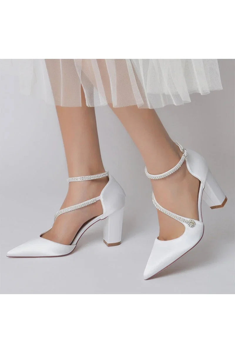 White Satin Pump with Cross Strap and Beaded Buckle