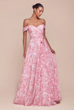 TILDA GOWN ROSE OFF THE SHOULDER FLORAL PRINTED A LINE DRESS