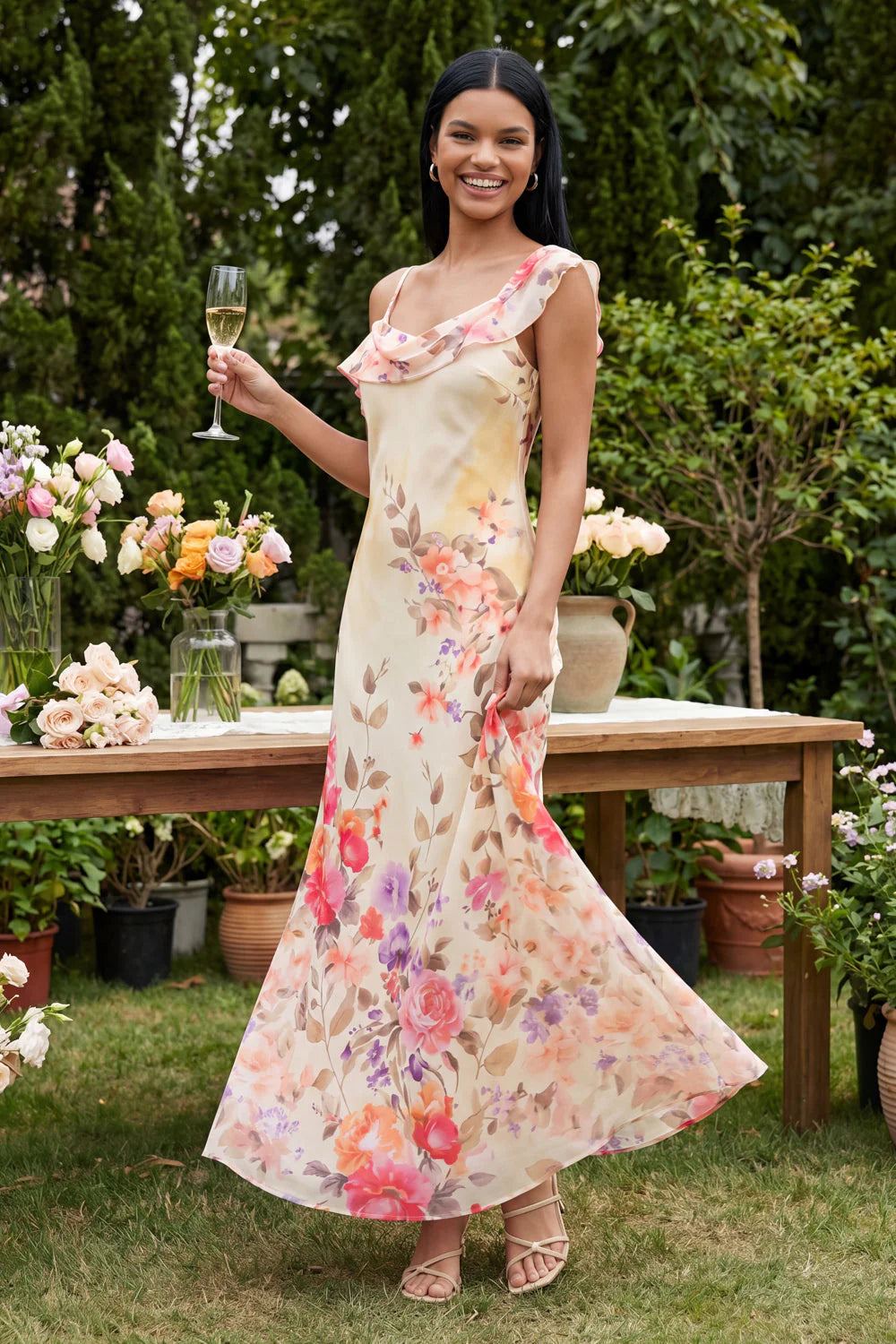 Champagne Asymmetrical Neck Floral Wedding Guest Dress
