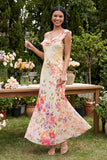 Champagne Asymmetrical Neck Floral Wedding Guest Dress