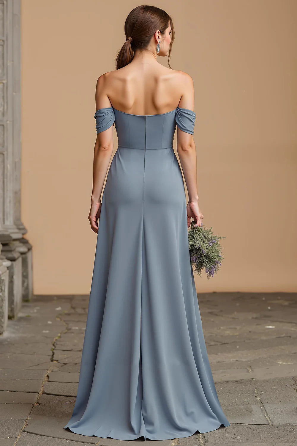 Twilight Off The Shoulder A Line Long Bridesmaid Dress with Slit