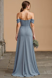 Twilight Off The Shoulder A Line Long Bridesmaid Dress with Slit