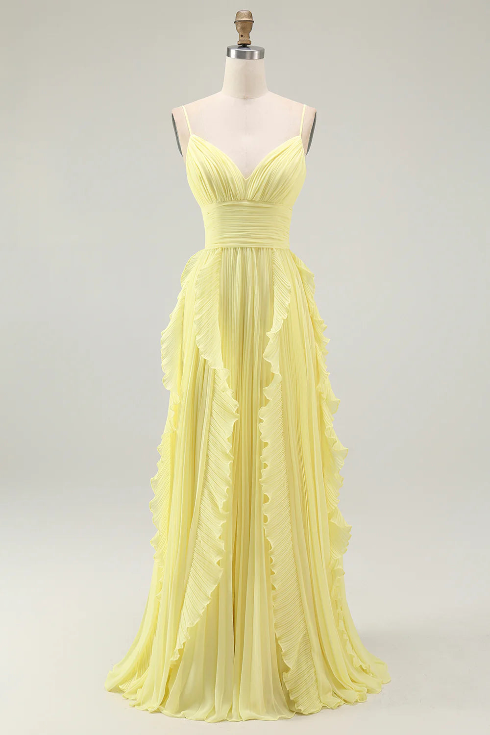 Sunshine Yellow A Line Spaghetti Straps Pleated Long Bridesmaid Dress