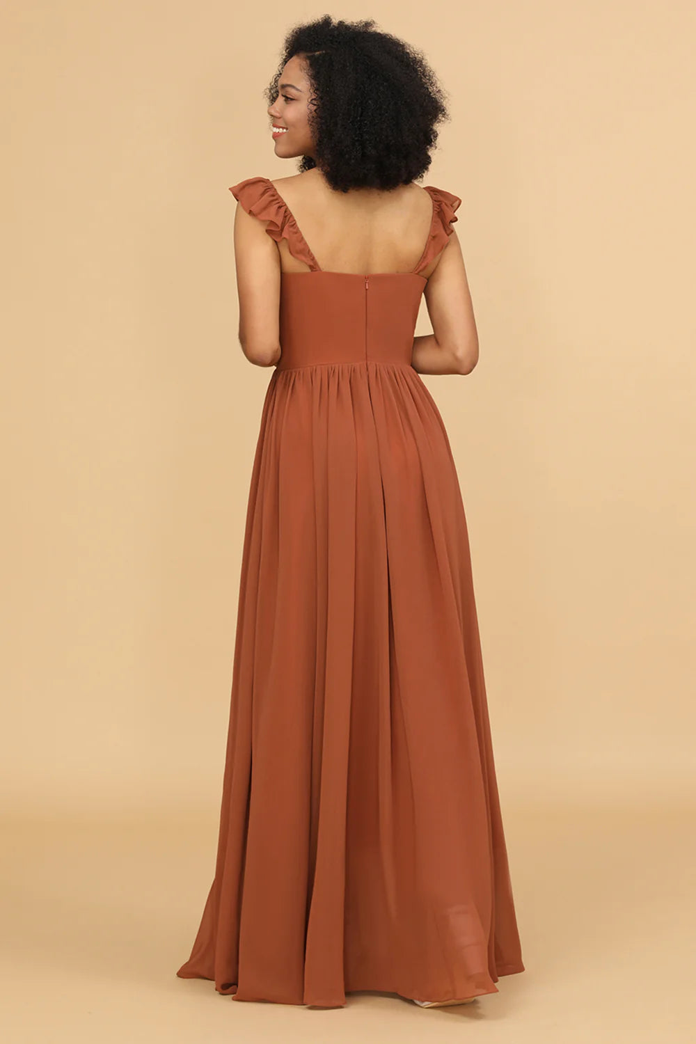 Terracotta A Line Floor Length Chiffon Bridesmaid Dress With Ruffles
