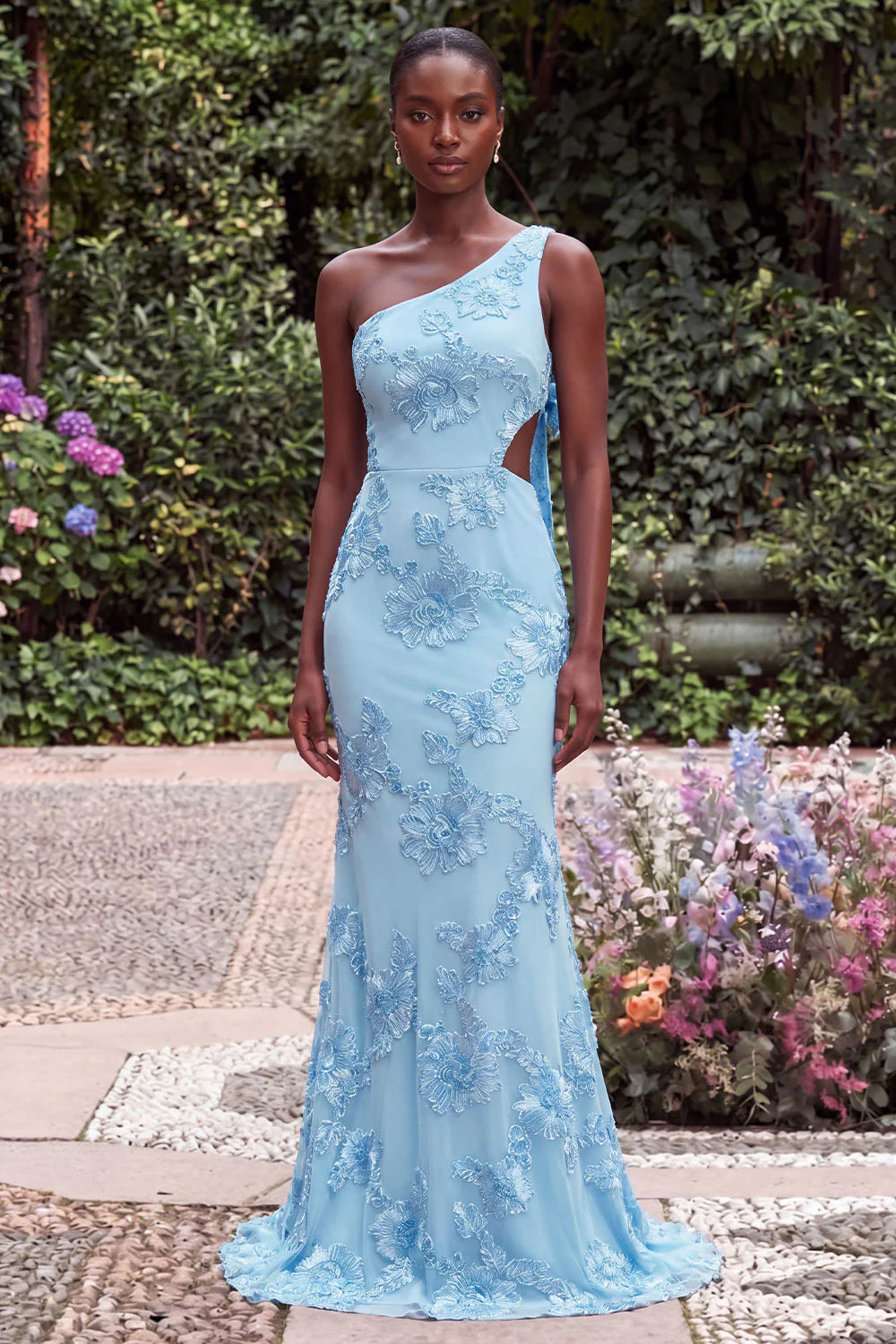 One Shoulder Mermaid Lilac Floral Embroidery Cut Out Maxi Dress with Bow