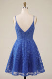 Royal Blue Applique Spaghetti Straps A Line Homecoming Dress