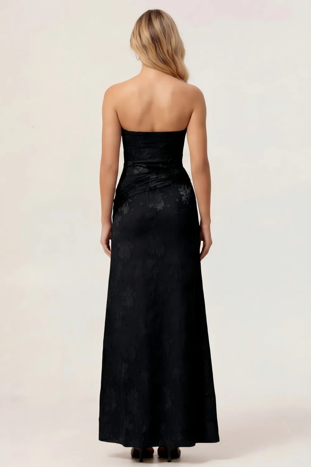 Sage Green Sheath Strapless Ruched Floral Jacquard Long Bridesmaid Dress with Side Slit
