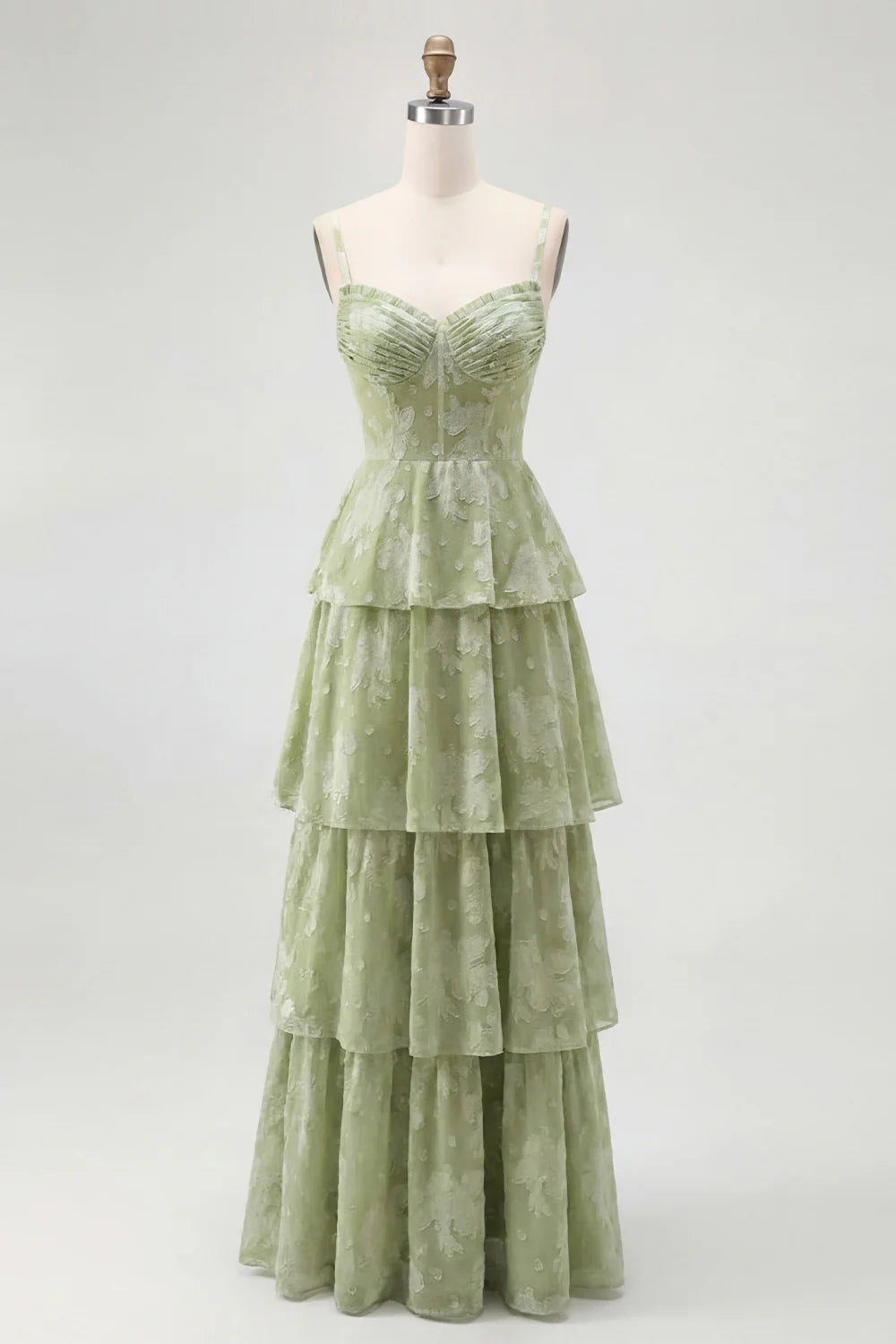 Dusty Sage A Line Corset Tiered Print Floral Long Bridesmaid Dress with Slit