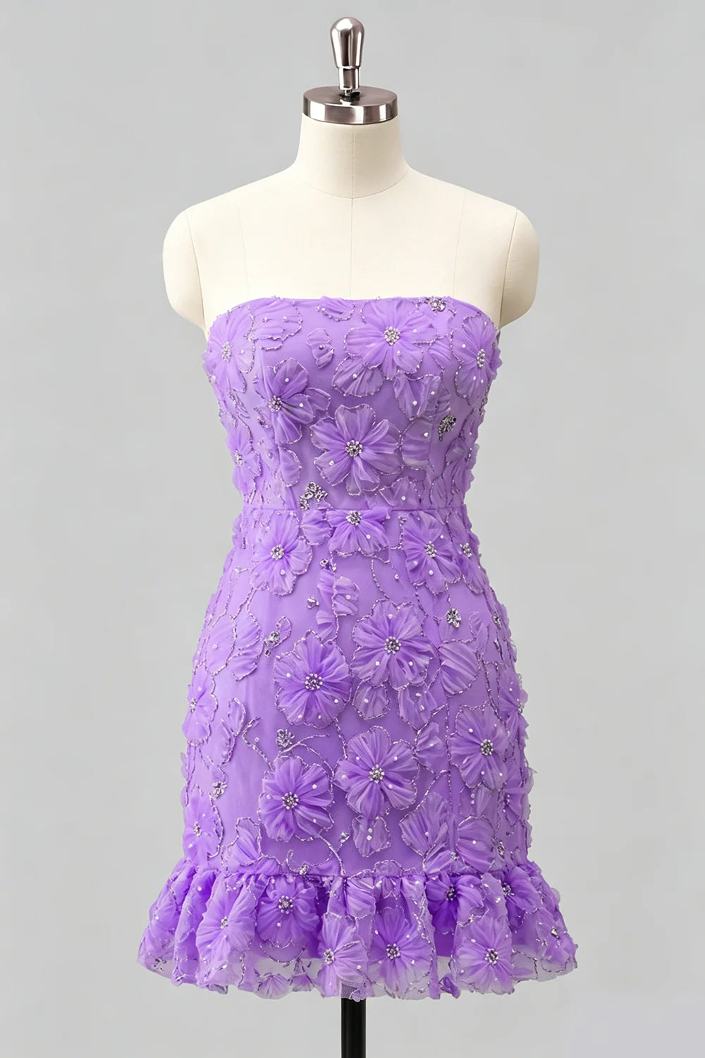 Light Blue Strapless Bodycon Beaded Short Homecoming Dress with 3D Flowers