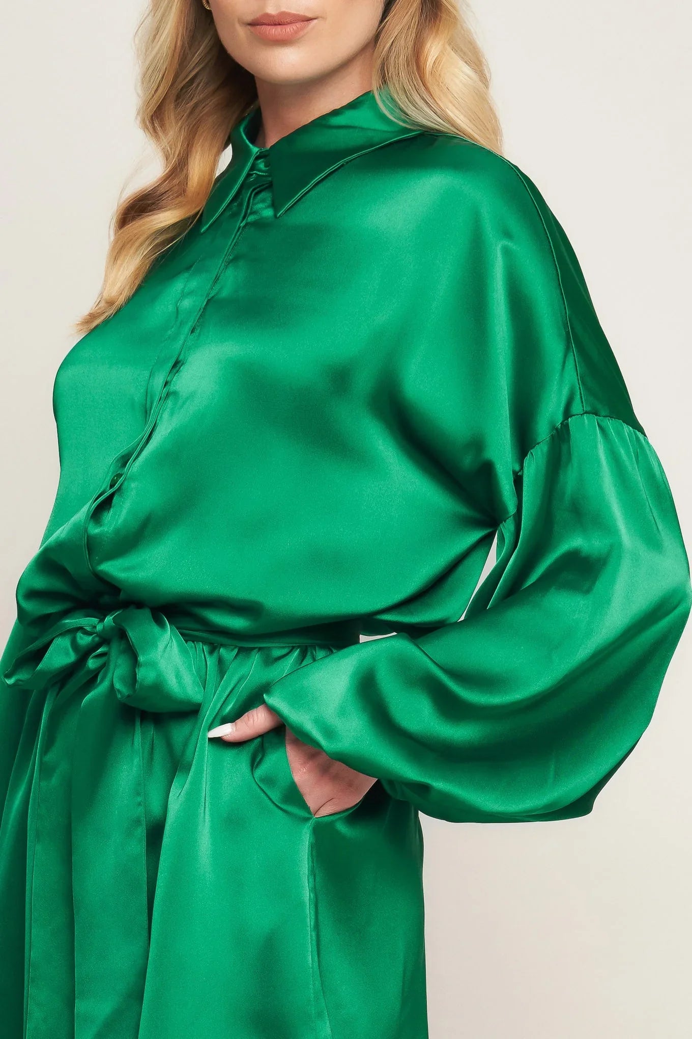 CELEBRATION TIME GREEN SATIN ROMPER WITH LONG SLEEVES FINAL SALE