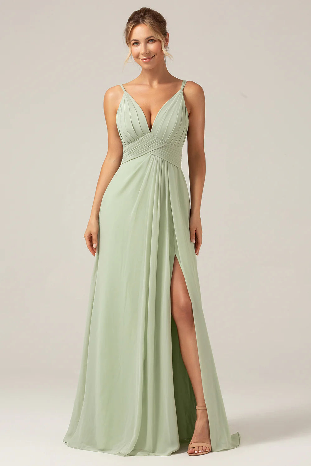 Dusty Sage A Line Spaghetti Straps Pleated Chiffon Maternity Bridesmaid Dress With Slit