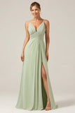 Dusty Sage A Line Spaghetti Straps Pleated Chiffon Maternity Bridesmaid Dress With Slit