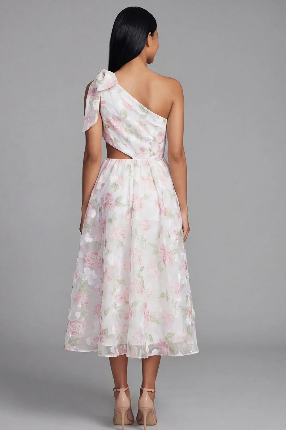 One Shoulder Bowed Cut Out Floral Pink Wedding Guest Dress