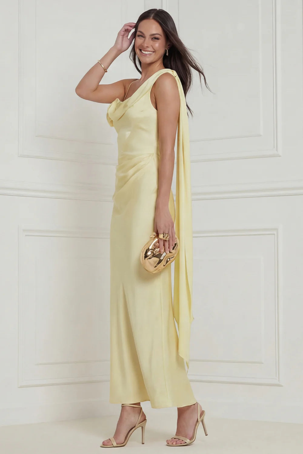 Daffodil Asymmetrical Neck Satin Wedding Guest Dress
