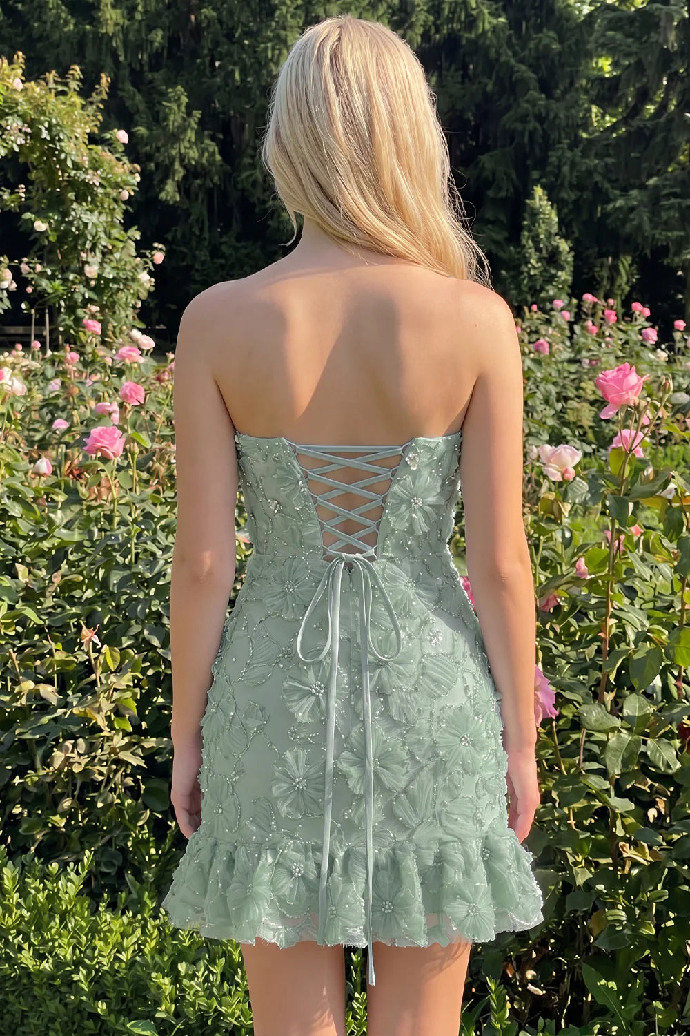 Light Blue Strapless Bodycon Beaded Short Homecoming Dress with 3D Flowers