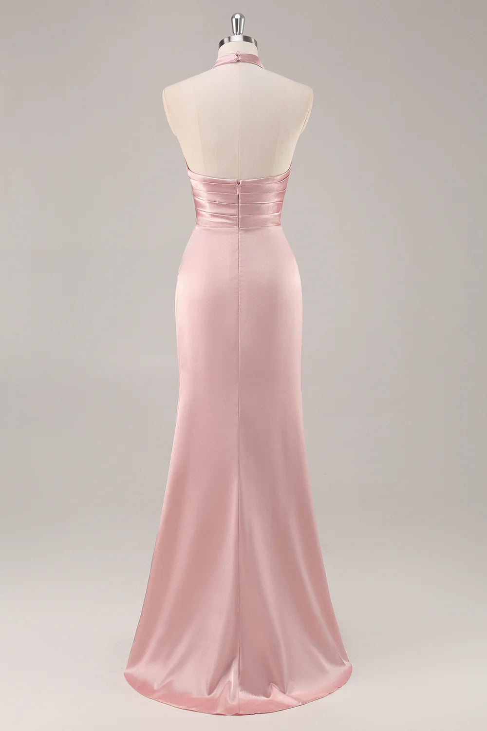 Sage Green Sheath Satin High Neck Backless Long Bridesmaid Dress with Side Slit