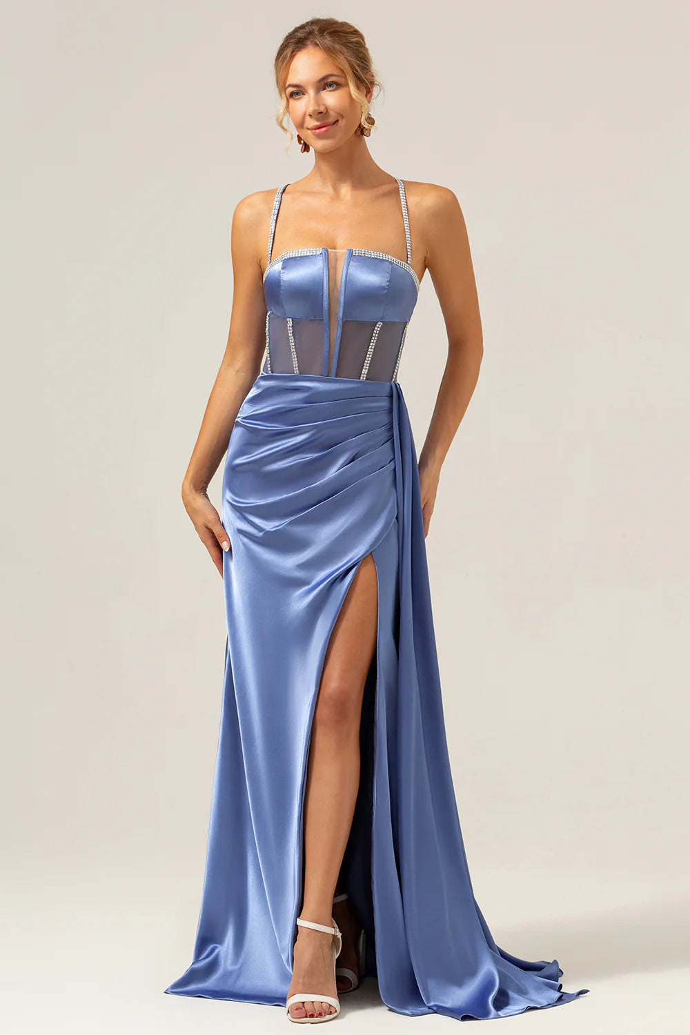 Blue Sheath Spaghetti Straps Sequin Satin Corset Long Prom Dress with Slit