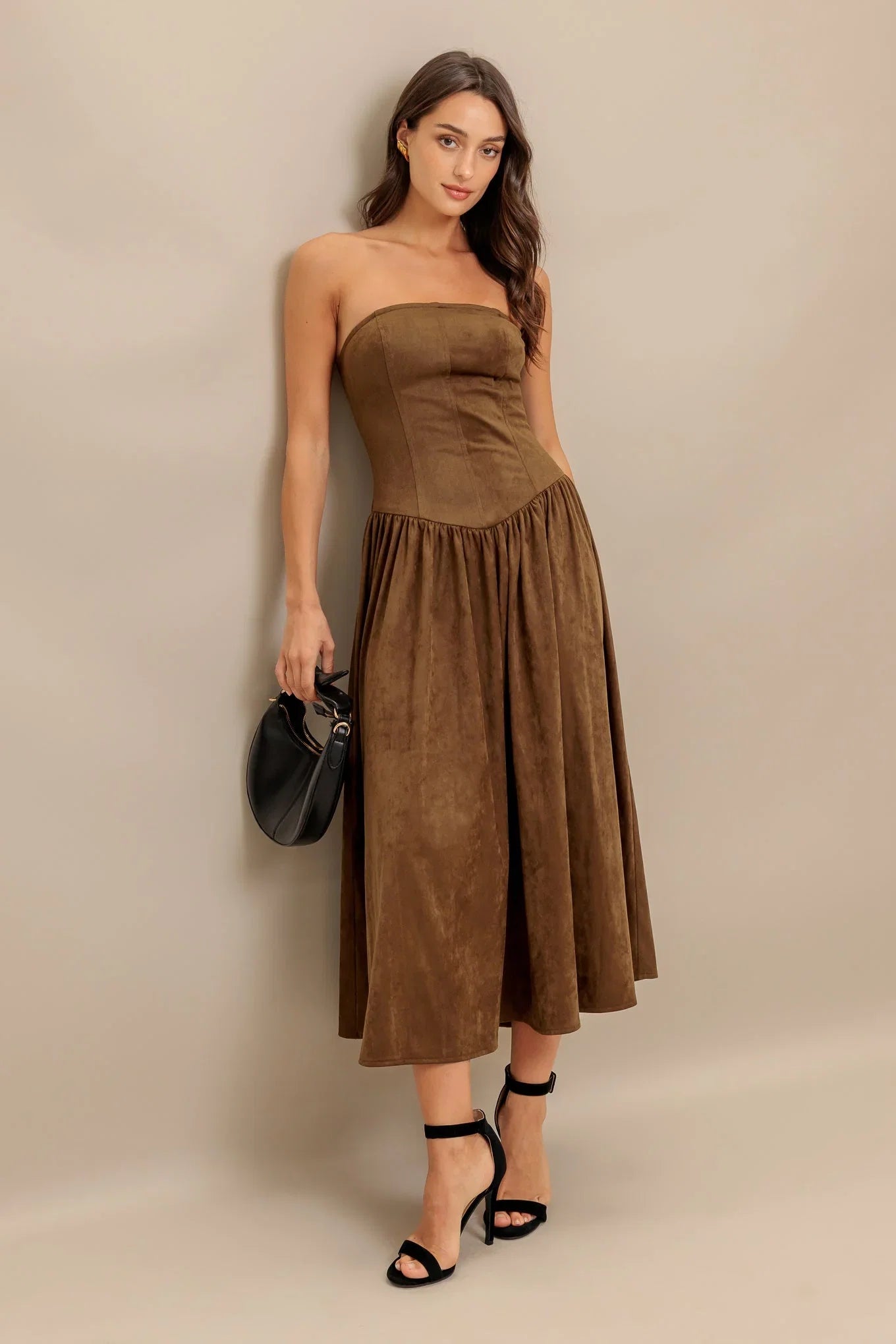 WILD ESPRESSO BROWN FAUX SUEDE MIDI DRESS