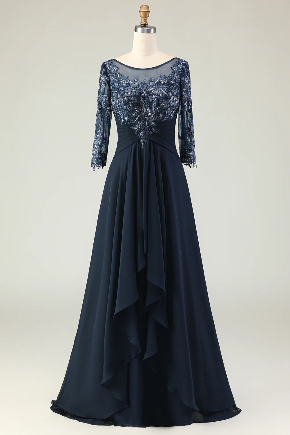 Navy Scoop Neck Appliqued A Line Long Chiffon Dress with 3 4 Sleeves