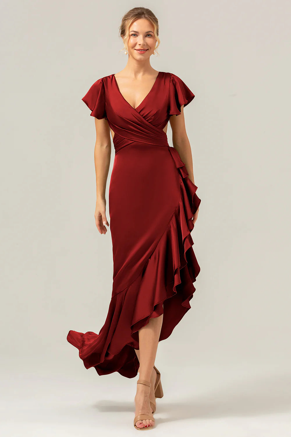 A Line V Neck Asymmetrical Olive Bridesmaid Dress with Ruffle Slit