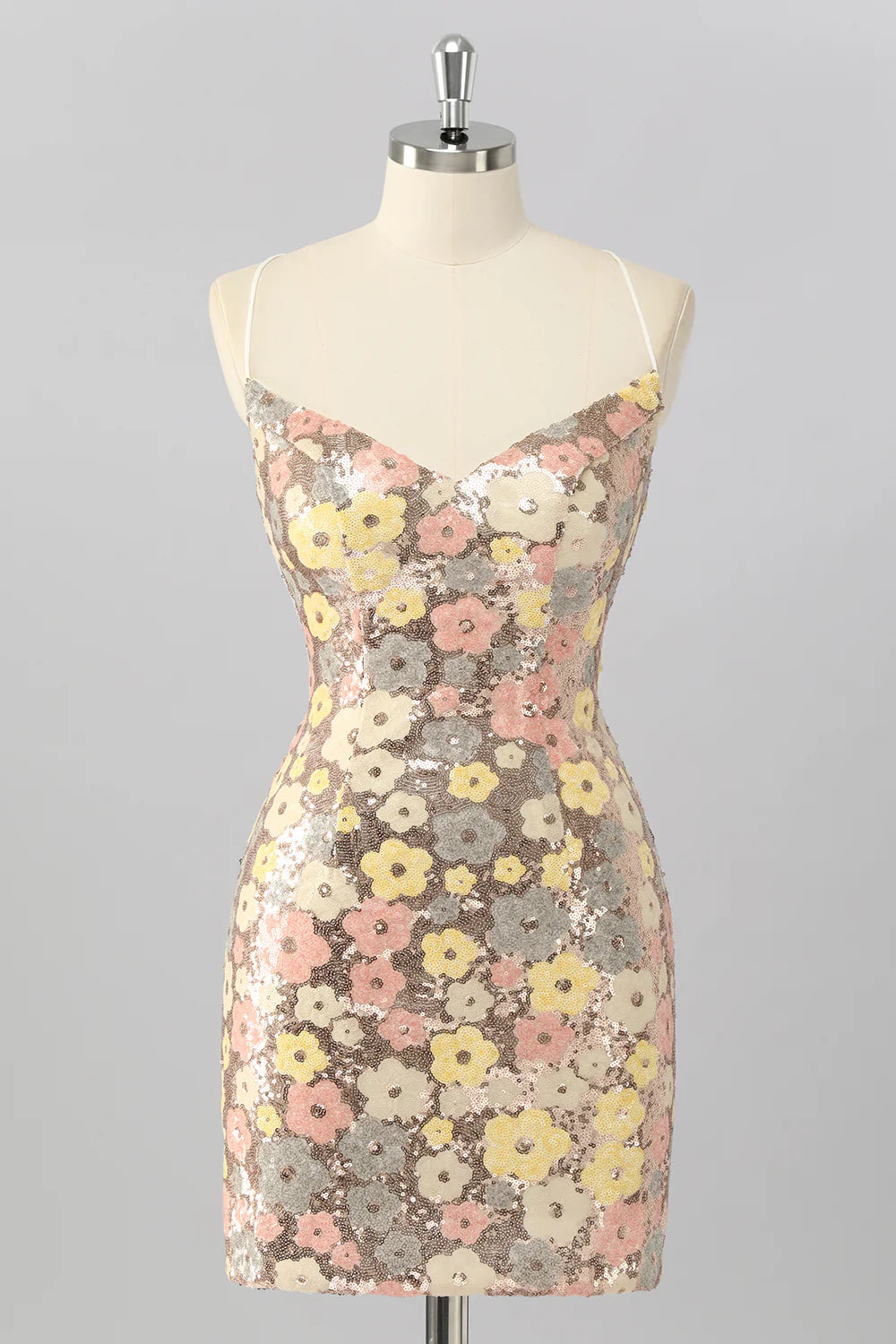 Red Flower Sequins Bodycon Spaghetti Straps Homecoming Dress with Lace Up Back