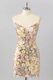 Yellow Flower Bodycon Sequins Spaghetti Straps Homecoming Dress with Lace Up Back