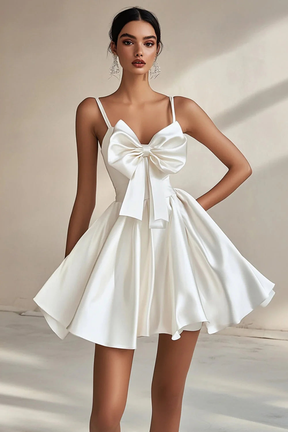 A Line White Spaghetti Straps Graduation Dress With Bows