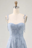 Floral Burnout Dusty Blue A Line Spaghetti Straps Wedding Guest Dress with Slit
