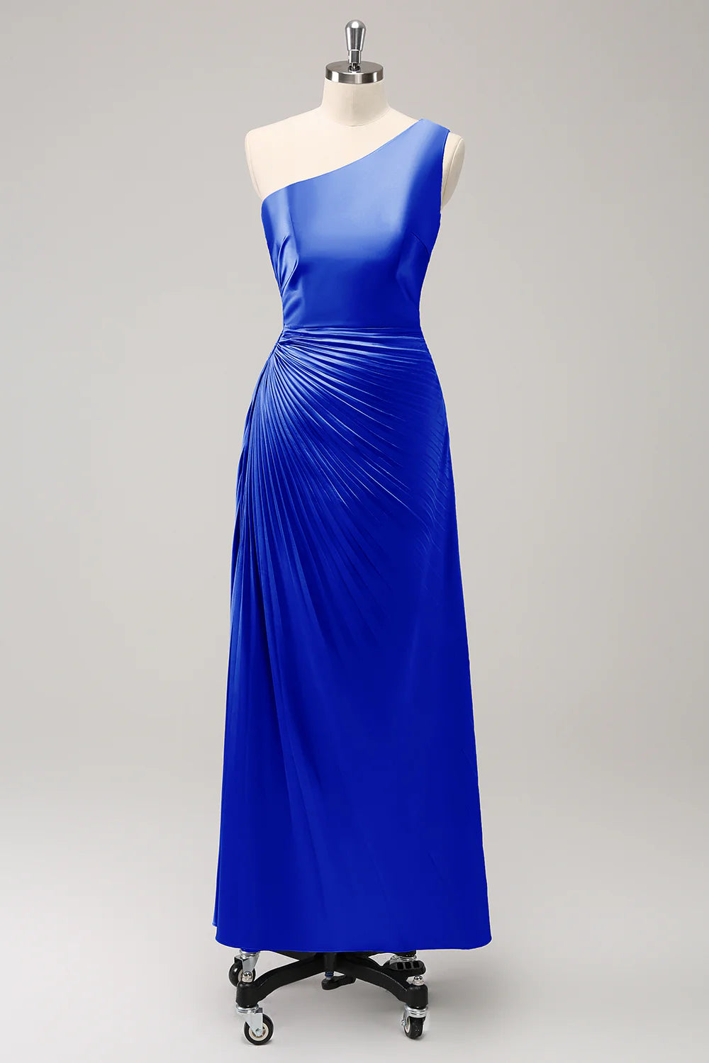Blue Sheath One Shoulder Satin Keyhole Long Bridesmaid Dress