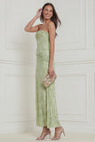Sage Green Strapless Floral Sheath Midi Wedding Guest Dress