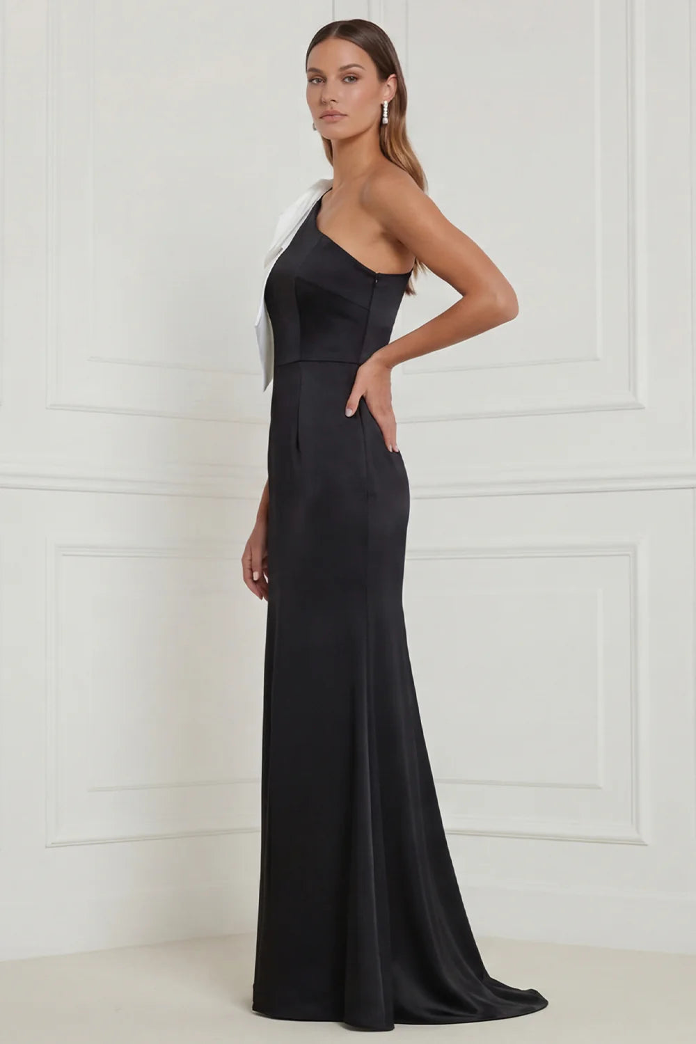 One Shoulder Black Mermaid Long Formal Dress with Bow
