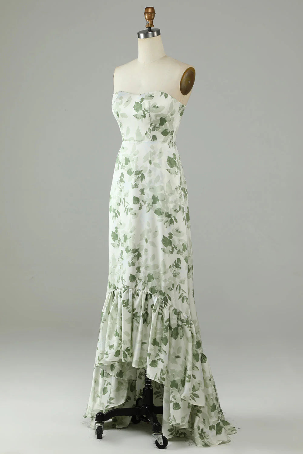 Green Asymmetrical Strapless Print High Low Bridesmaid Dress